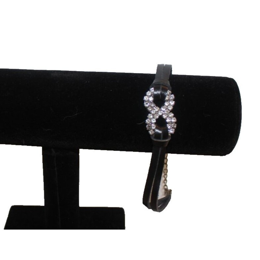 Black Faux Leather Infinity Bracelet Silver Tone Clear Rhinestone Statement